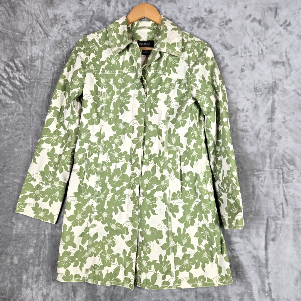 Eddie Bauer Green Floral Rain Trenchcoat Spring Jacket Boho Chic Size S